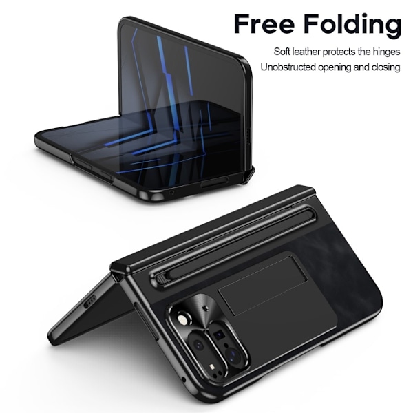 För Google Pixel 9 Pro Fold 5G Fodral Kickstand Läder+PC Skal med Härdat Glas och Styluspenna - Svart Svart