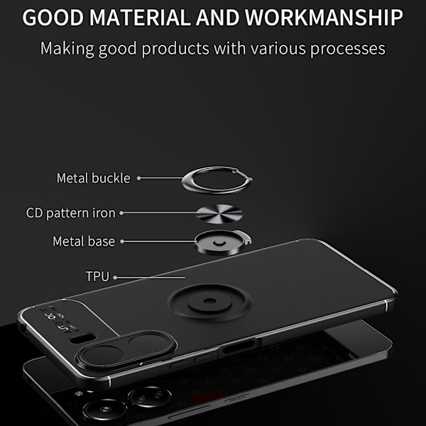 För Xiaomi Redmi 13C Hybrid skal Finger Ring Metall Plåt Svart