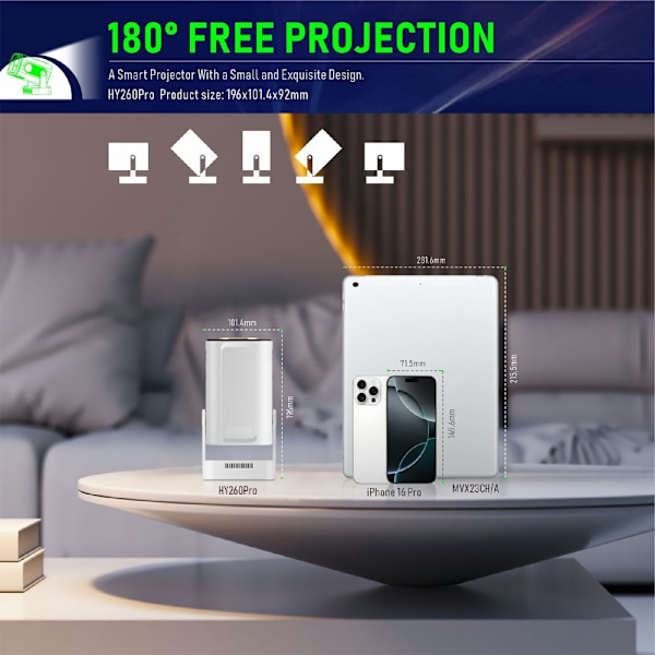 HY260 Pro -projektori 1 Gt + 8 Gt Android 11.0 WiFi6 BT5.4 Kotiteatteri 200 ANSI Lumenia White