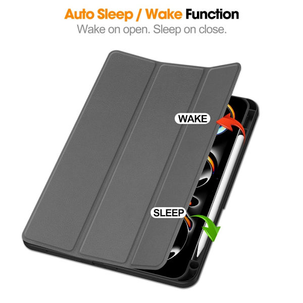 Til iPad Pro 11 (2024) Etui Tre-fold Stativ Tablet Cover med Pen Holder Grey