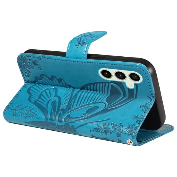 Etui med stativ, lommebok og sommerfuglmønster til Samsung Galaxy S24 FE Blue