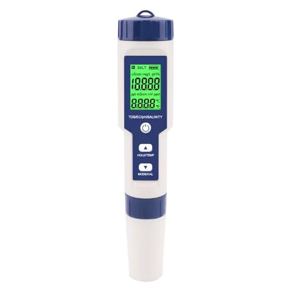 5-i-1 test for vann kvalitet EC pH TDS Temperatur Saltholdighet Grey