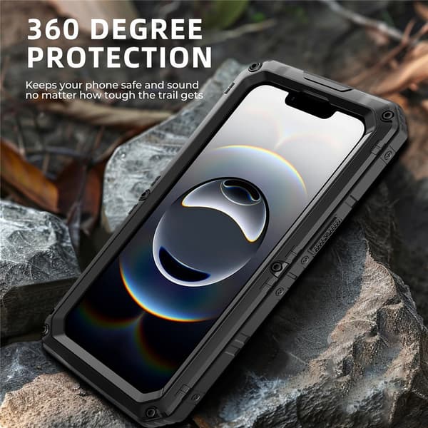 IP68 vanntett deksel til iPhone 17e / 16e metall + silikon med skjermbeskytter Black