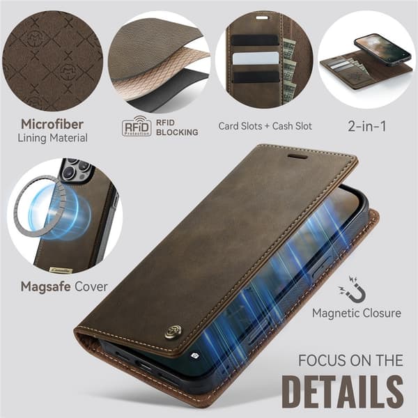 CASEME Til iPhone 16 Pro Max Pungcover Magnetisk Aftagelig RFID Beskyttelse Brown