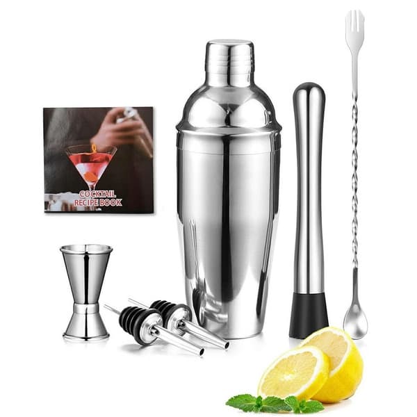 Cocktailset 7 delar shaker mått jigger muddler barsked hällpipar receptbok Silver