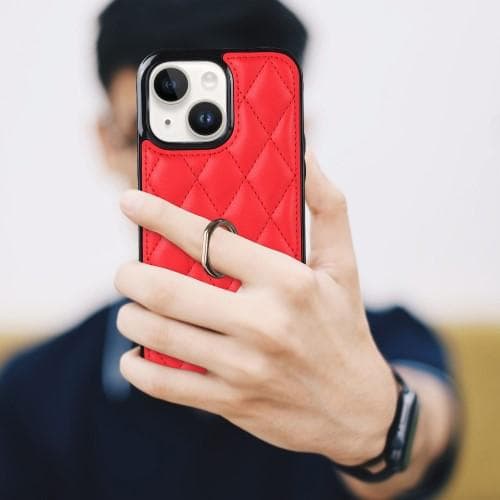 iPhone 14 Etui med Rutermønster på Bakdekselet, Ringstativ - Rød Red