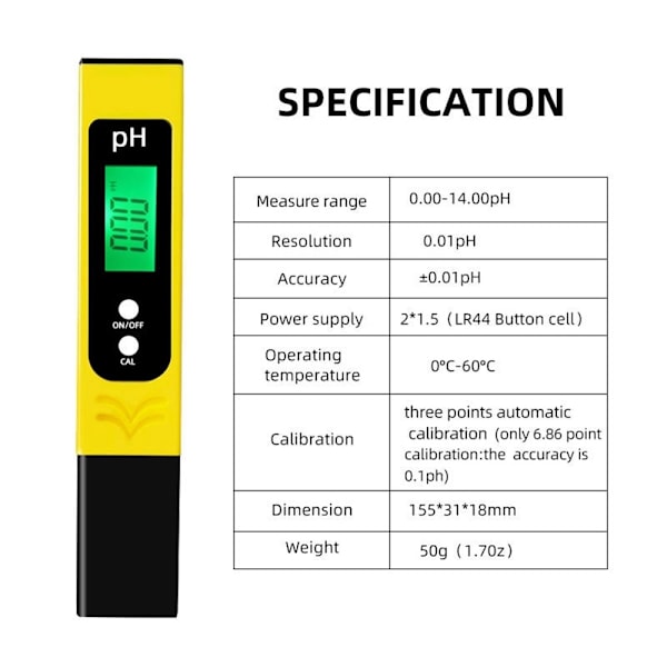 PH Meter Automatisk kalibrering Vannkvalitetstester Vanntesting Yellow