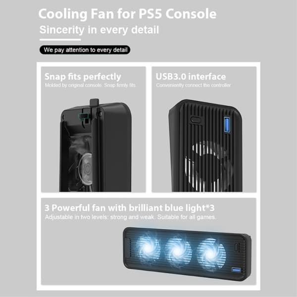 Kjølefan for PS5 ABS med 2-trinns vindvarmeavledning USB-fan kjøler Black