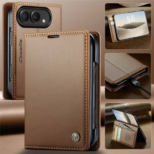 CASEME Telefonpungcover med blank litchi tekstur til iPhone Duo Brown