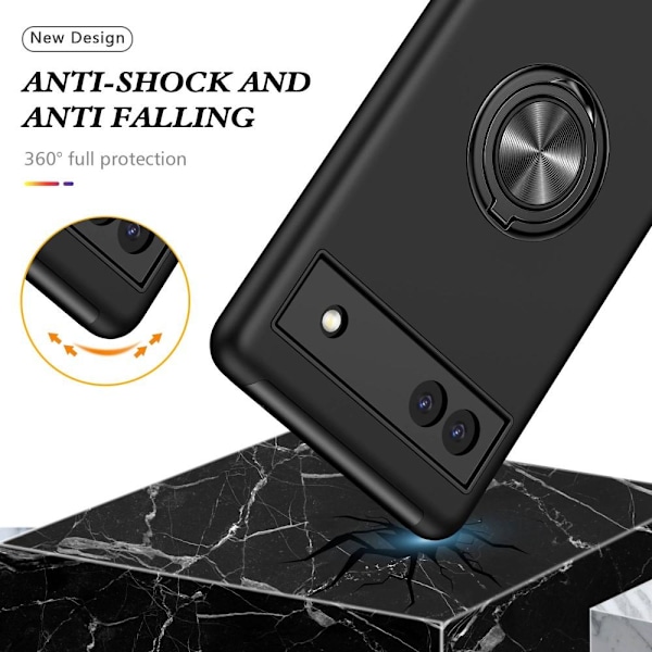 Til Google Pixel 6A Fingerring Kickstand Hybrid Taske - Sort Black