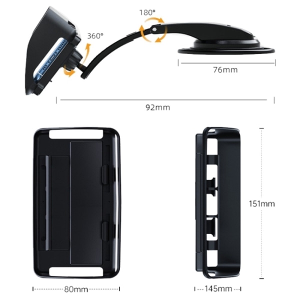 Auto Matkapuhelinteline 360° kääntyvä Tuulilasi Handsfree puhelinteline Black