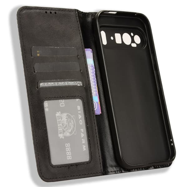 Til Google Pixel 9 Pro XL Stand Phone Case Fuld Protection Pung Cover - Sort Black