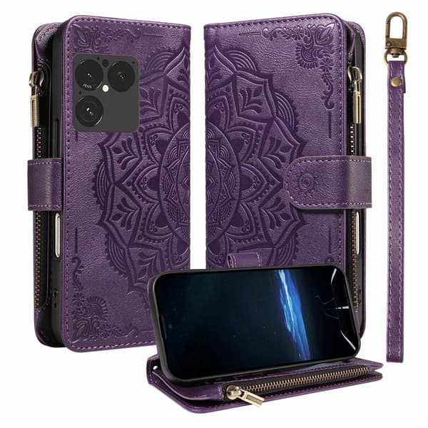Mandala-præget Pungcover med Håndledsrem til Sony Xperia 1 VIII Purple