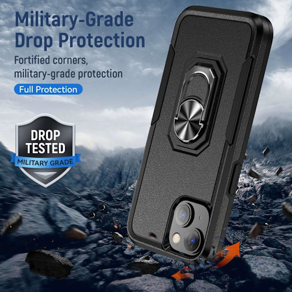 iPhone 14 Plus Hybrid skal med Finger Ring & Metall Plåt - Svart Svart