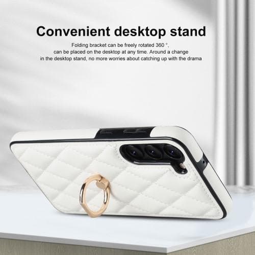 Samsung Galaxy S23 Etui Rhombus Grid Mønster Bagdæksring Stativ - Hvid White