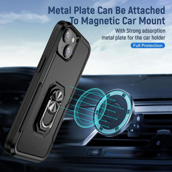 iPhone 15 Plus Hybrid skal med Finger Ring & Metall Plåt - Svart Svart