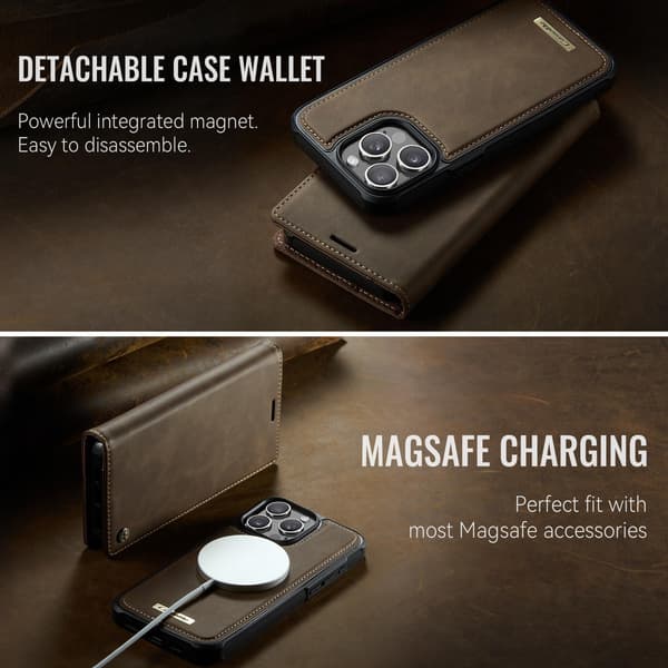 CASEME Til iPhone 15 Pro Max Lommebokdeksel Magnetisk Avtakbar RFID Beskyttelse - Coffee Brown
