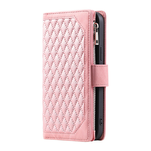 For Google Pixel 10a Wallet Case PU Leather Rhombus Pattern with Wrist Strap- Pink Pink