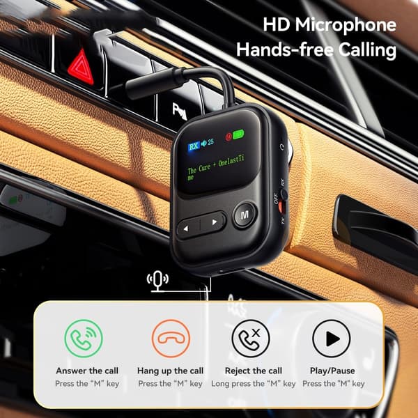 2-i-1 Bluetooth-kompatibel AUX-lydadapter (RX/TX) med LCD-skjerm for bil høyttalere Black