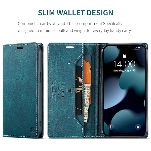 AUTSPACE A01 Retro Wallet Case for iPhone 13 Pro - Blue Blue