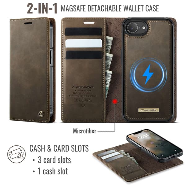 CASEME Til iPhone 17e / 16e  Lommebokdeksel Magnetisk Avtakbar RFID Beskyttelse - Coffee Brown