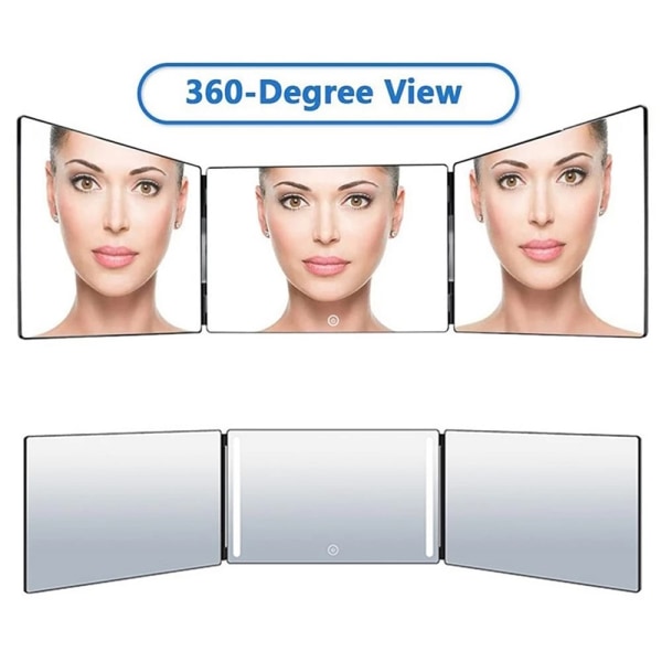 Spejl 360-graders visning 3-sidet udtrækkeligt frisørspejl LED-l Silver