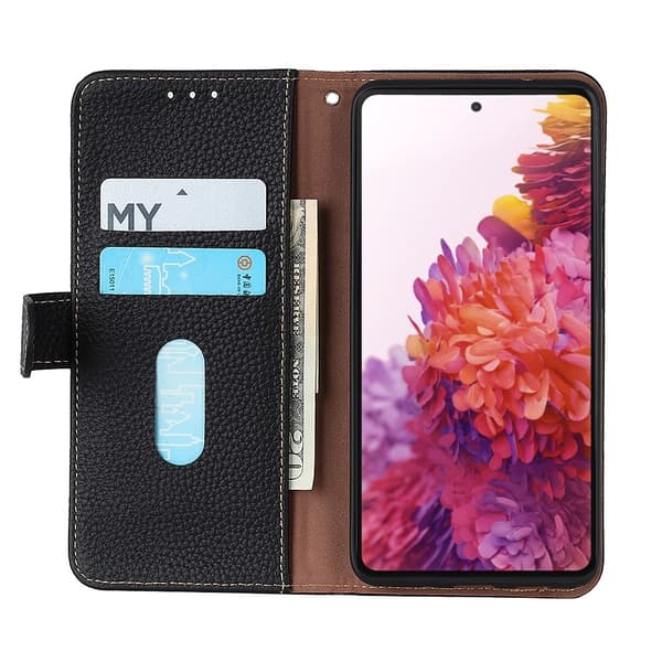 For Samsung Galaxy A37 5G KHAZNEH Genuine Cow Leather Phone Case Svart