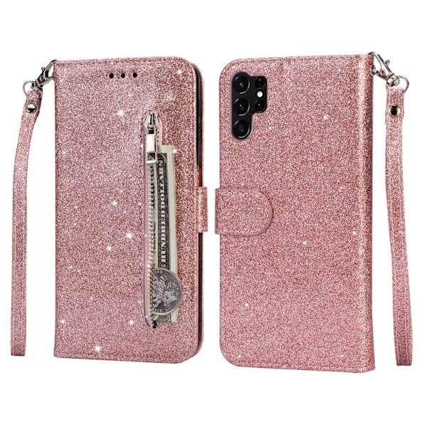 För Samsung Galaxy S25 Ultra Ställbart Glitterfodral med Dragkedjeficka Rosa guld