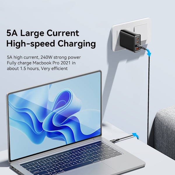 ESSAGER 2m USB-C til USB-C PD 240W Ladekabel Datakabel Hurtig opladning Black