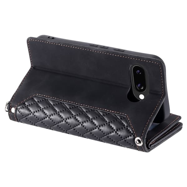 For Google Pixel 10a Wallet Case PU Leather Rhombus Pattern with Wrist Strap- Black Black
