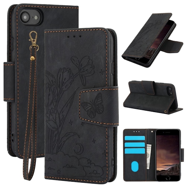 Til iPhone 16e Etui Sommerfugl Blomst Ridsefast Telefoncover Black