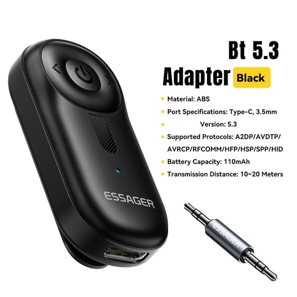 ESSAGER Lydmottaker Trådløs Sender med Mikrofon Klips-på Bluetooth-Adapter Black