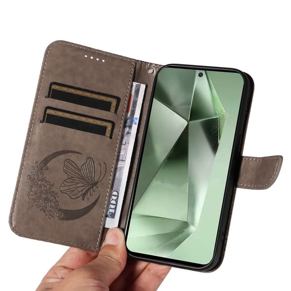 Til Samsung Galaxy S24 FE Etui Stand Tegnebog Etui Sommerfuglemønster Grey