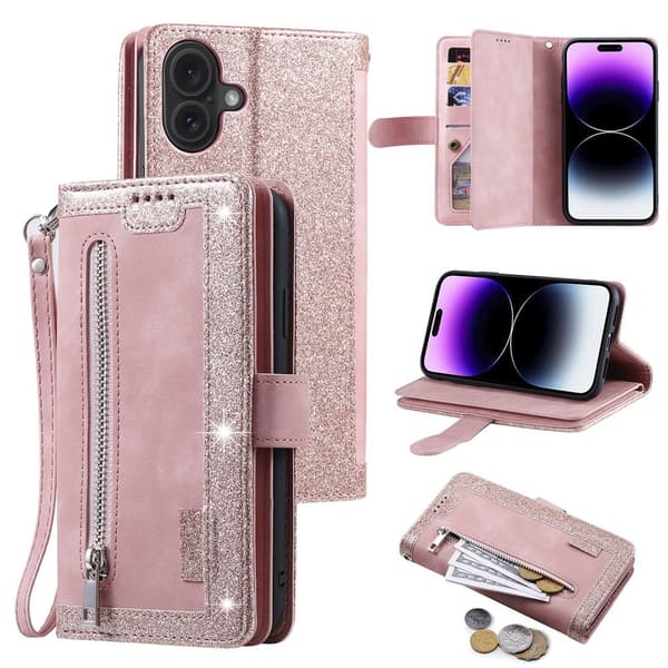 Til iPhone 17 Etui med Lynlåslomme og 9 Kortlommer Pink