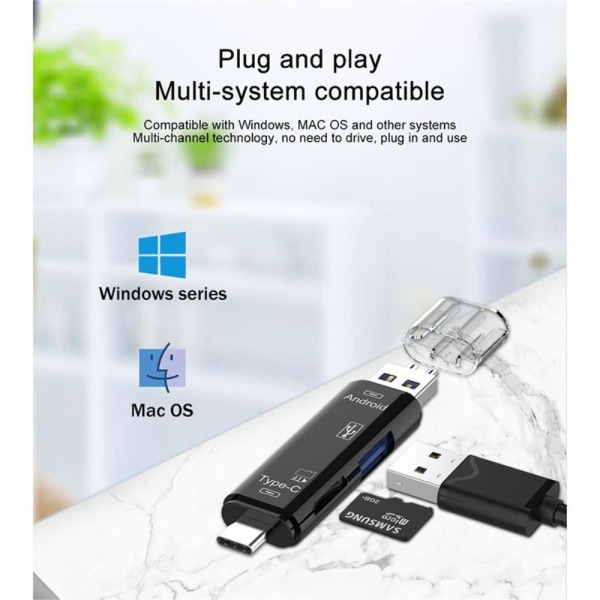 5 i 1 multifunktions Micro USB Type-C TF-kortlæser OTG-adapter Black
