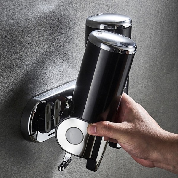 Dobbelthodet såpedispenser 1000ml rustfritt stål manuell push-sjampo dusjpumpe Black