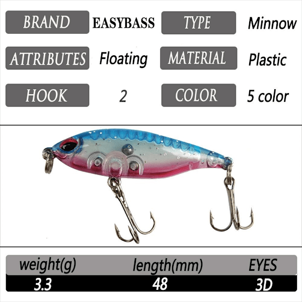5 stk Fiskesluk Ferskvann Havfiske Floating Minnow hardt agn med rangle Multicolor