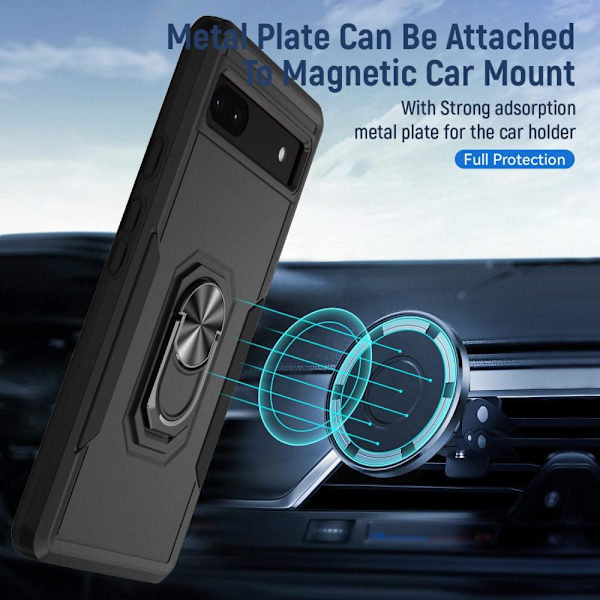 Google Pixel 6A iskunkestävä TPU+PC Kickstand -puhelinkotelo autoteline metallilevy - musta Black