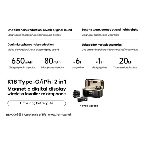 Trådløs Lavalier-mikrofon Digitalt display En-til-to mikrofoner - USB-C Black