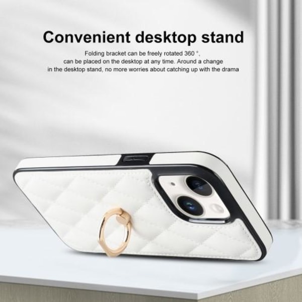 iPhone 14 Case Rhombus Grid Pattern Back Cover Ring Kickstand - White White