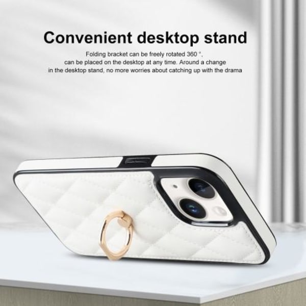 iPhone 14 Rhombus Grid Mönster Skal FingerRing - Vit Vit