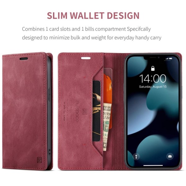 AUTSPACE A01 Retro Wallet Case for iPhone 13 Pro - Red Red