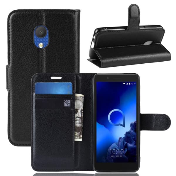 Litch Skin PU Walle Case hvid stativ til Alcatel 1C 2019 - Sort Black