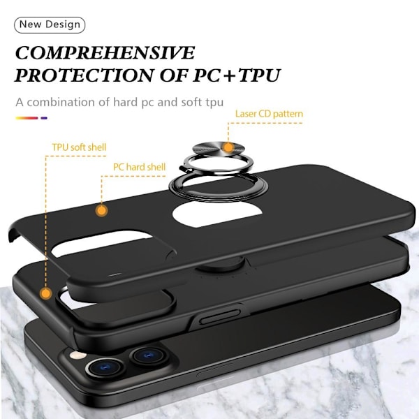 Til iPhone 15 Pro Max Finger Ring Kickstand Hybrid Taske - Sort Black