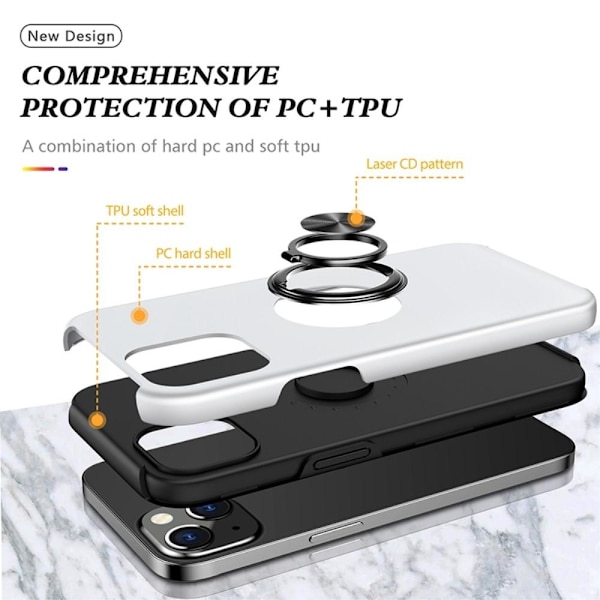 iPhone 14 Finger Ring Kickstand Hybrid Case - Sølv Silver