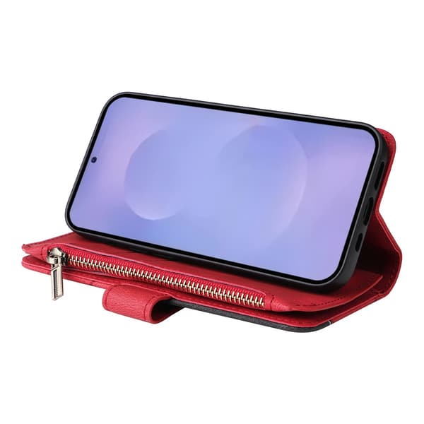 Til Samsung Galaxy S26 Pungcover med Lynlås og Håndledsrem Stander Red