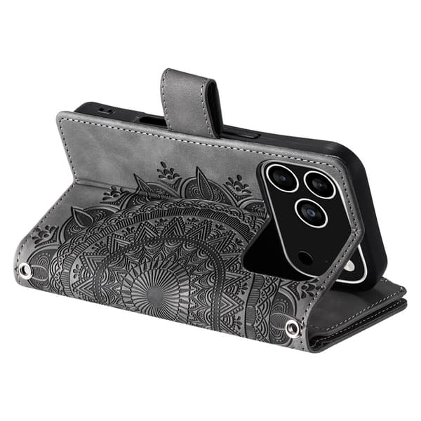 Pungetui kompatibelt med iPhone 17 Pro cover etui mandala blomstermønster - Grå Grey