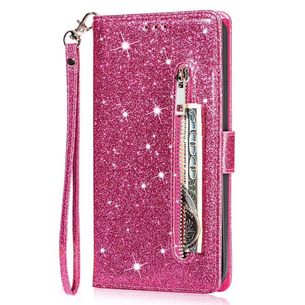 Samsung Galaxy A56 5G Taittuva Glitter-Suojakotelo Vetoketjutaskulla – Rose Pink