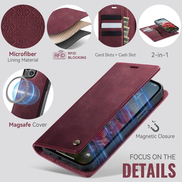 CASEME Til iPhone 15 Lommebokdeksel Magnetisk Avtakbar RFID Beskyttelse Red