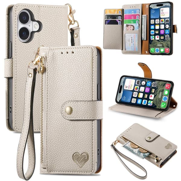 For iPhone 17 Skal RFID-blockering Dragkedjeficka Plånboksfodral med Rem - Beige Beige